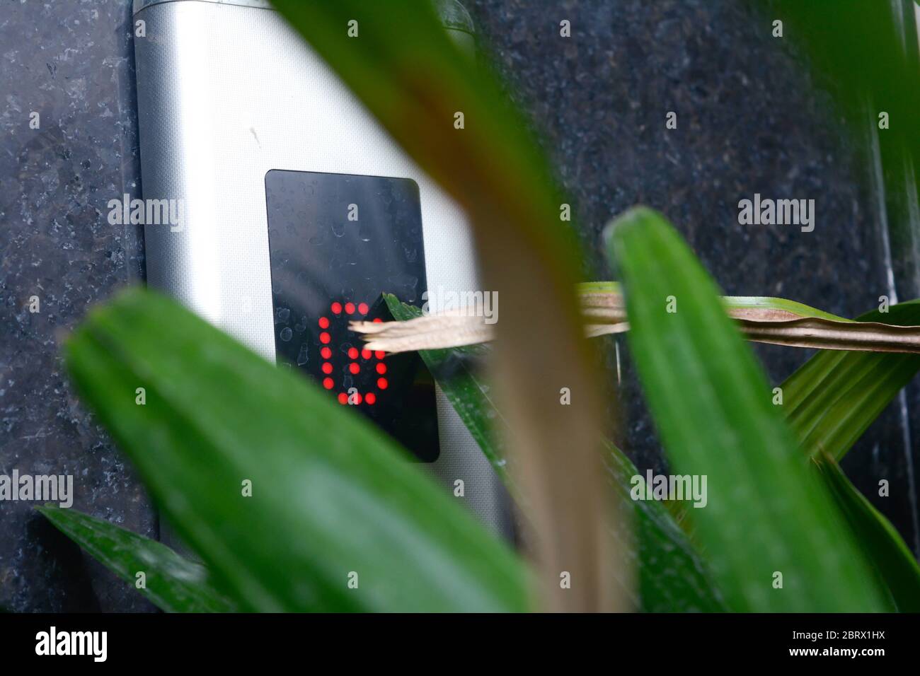 Pulsante ascensore che mostra il piano G. ascensore vicino al giardino. Foto Stock