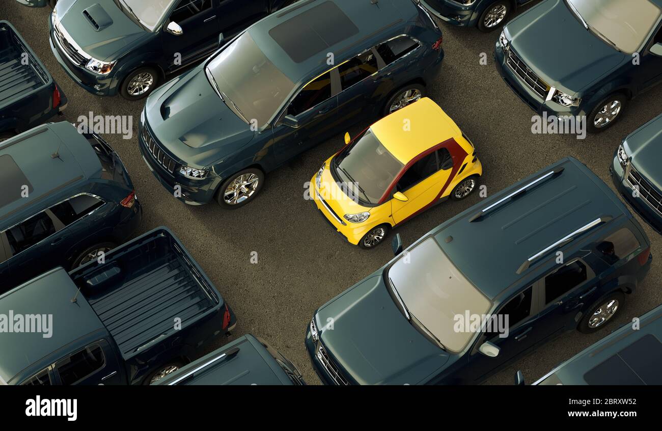 Rendering 3D di un'immagine concettuale di una piccola auto di città ecocompatibile in contrasto con i grandi veicoli che consumano olio. Foto Stock