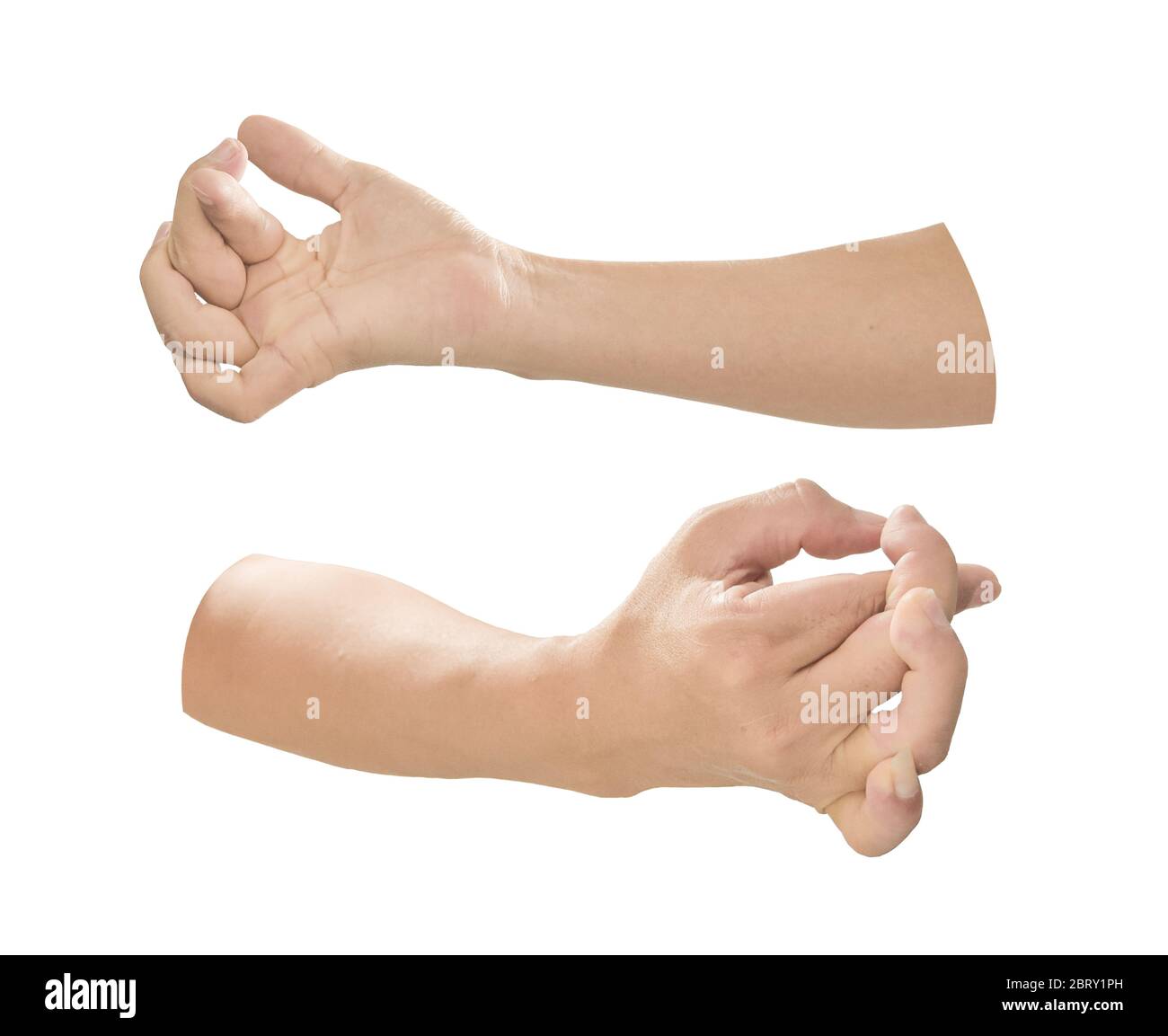 Raccolta di mani con dito piegato isolato su fondo bianco. Oggetto con tracciato di ritaglio. Vista posteriore e anteriore Foto Stock