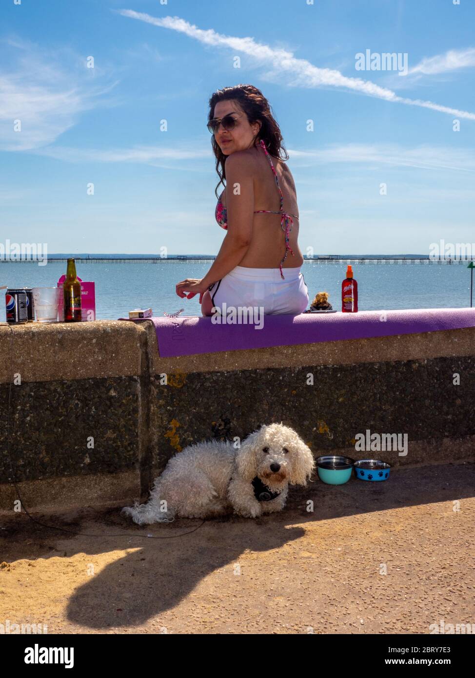 Una donna in pantaloncini e bikini si trova sulla parete della spiaggia con il suo cane a Southend. Foto Stock