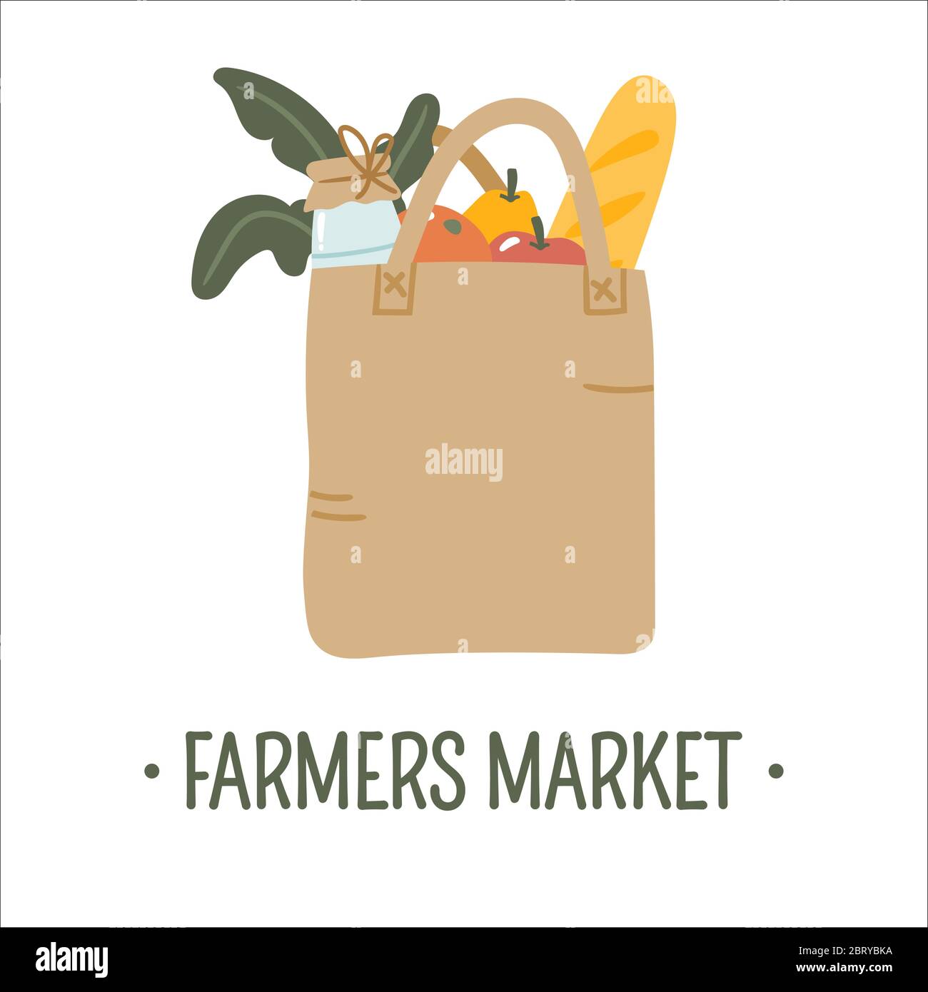Cibo locale biologico disegnato a mano in sacchetto di tote isolato su sfondo bianco. Illustrazione Vettoriale