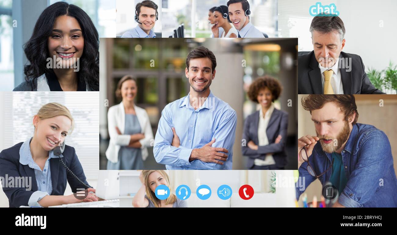 Schermo diviso del computer che mostra i colleghi multietnici che lavorano a distanza Foto Stock