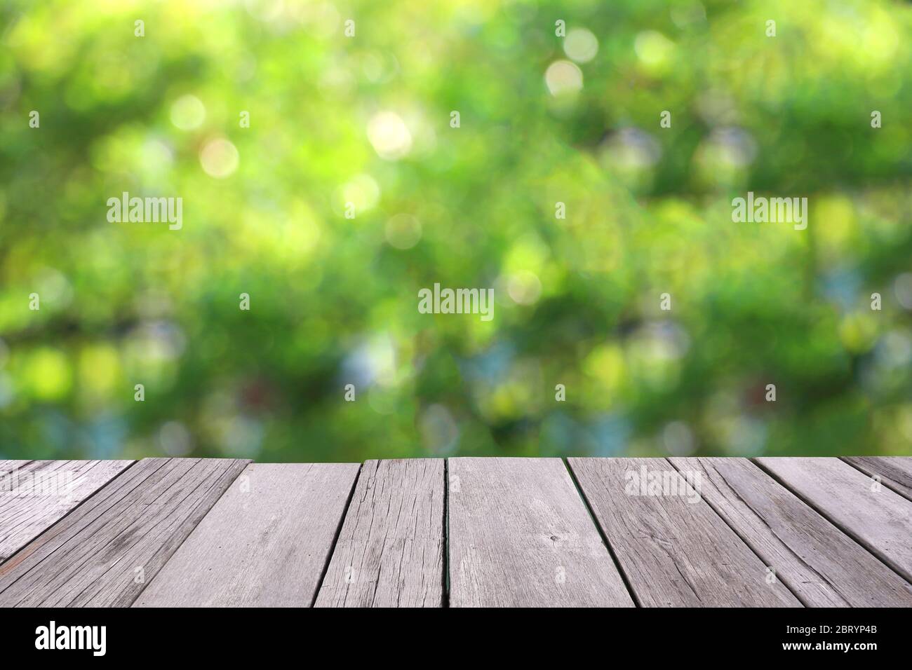 Legno vecchio tavola con sfondo verde offuscato. Foto Stock