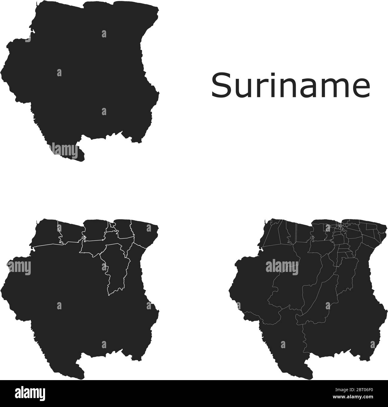 Mappe vettoriali del Suriname con regioni amministrative, comuni, dipartimenti, frontiere Illustrazione Vettoriale