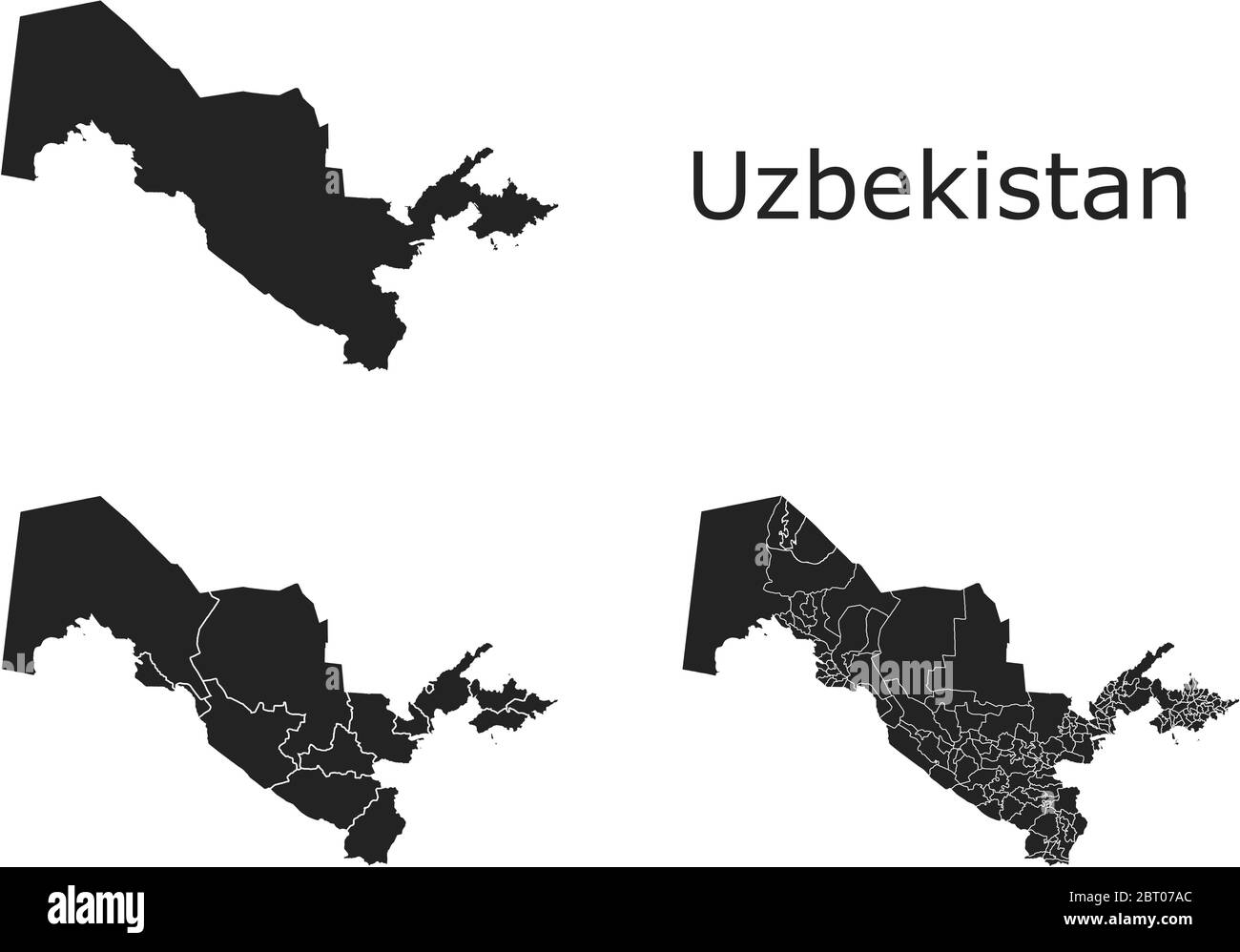 Uzbekistan mappe vettoriali con regioni amministrative, comuni, dipartimenti, frontiere Illustrazione Vettoriale