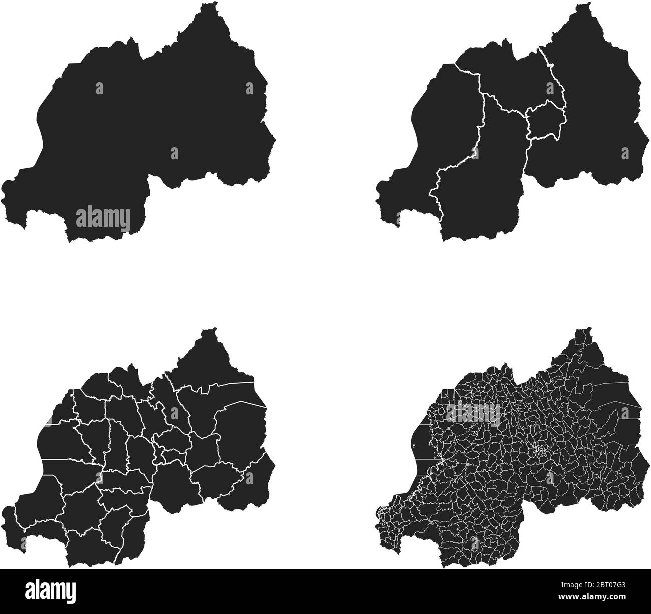 Mappe vettoriali del Ruanda con regioni amministrative, comuni, dipartimenti, frontiere Illustrazione Vettoriale