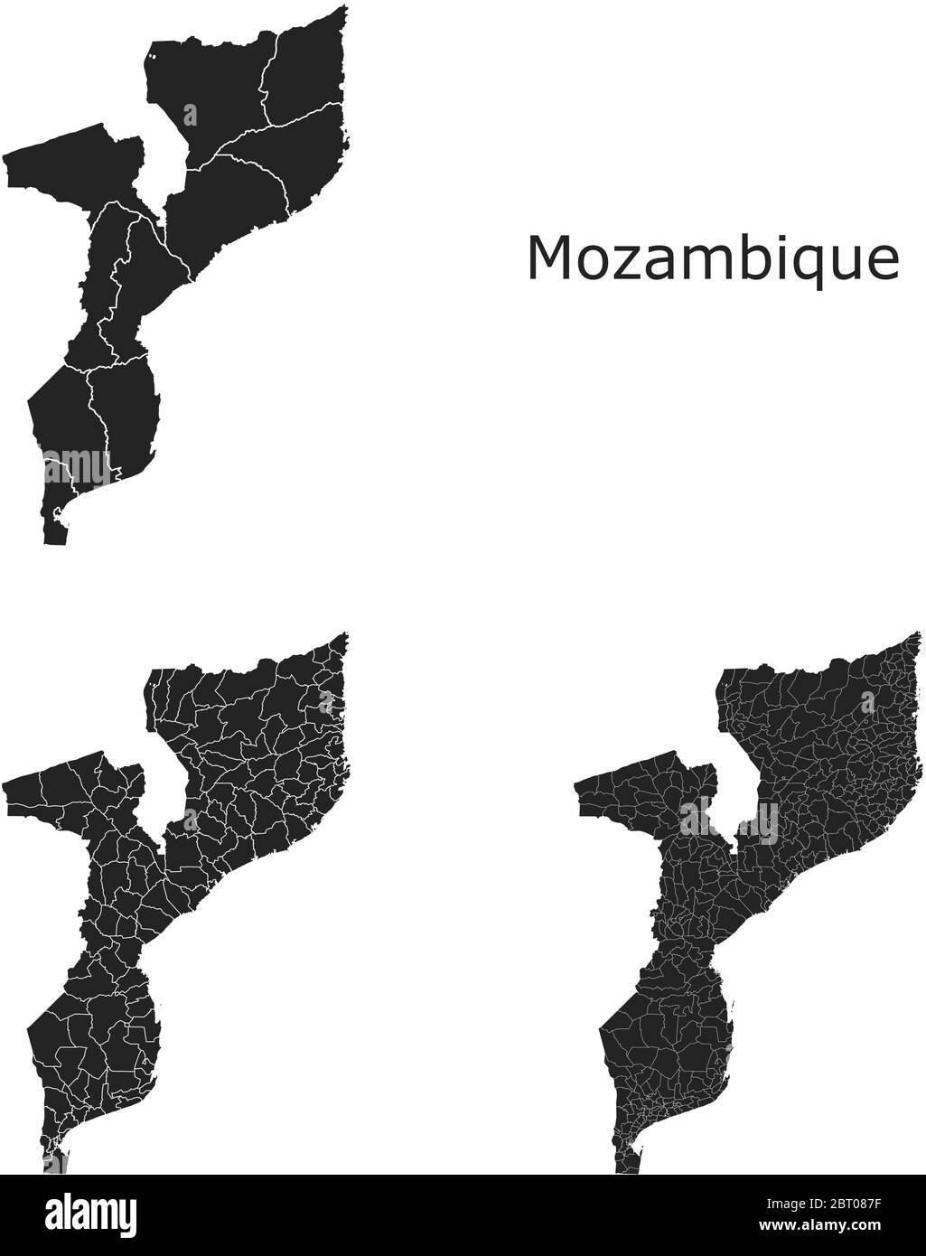 Mozambico mappe vettoriali con regioni amministrative, comuni, dipartimenti, frontiere Illustrazione Vettoriale