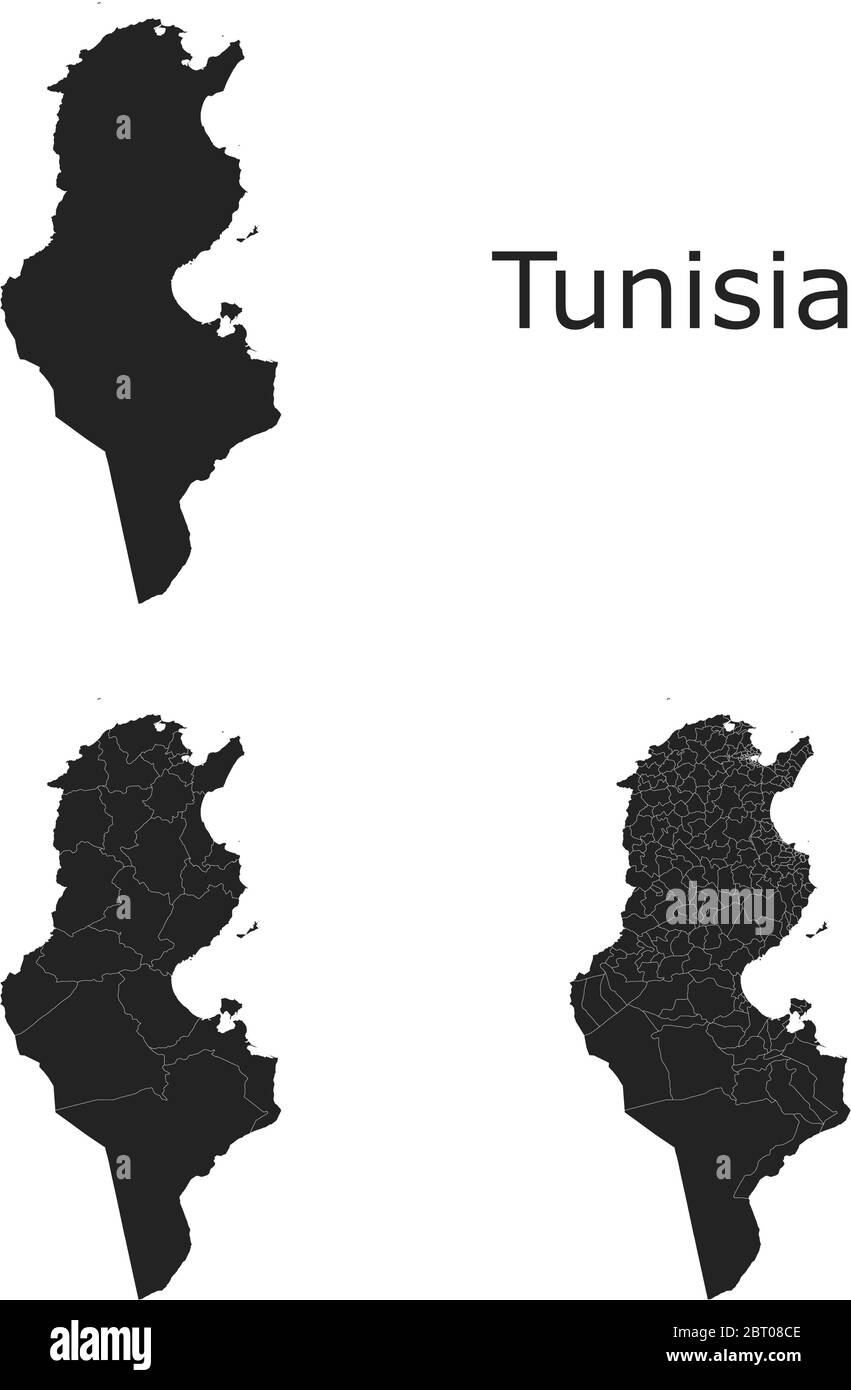 Tunisia mappe vettoriali con regioni amministrative, comuni, dipartimenti, frontiere Illustrazione Vettoriale