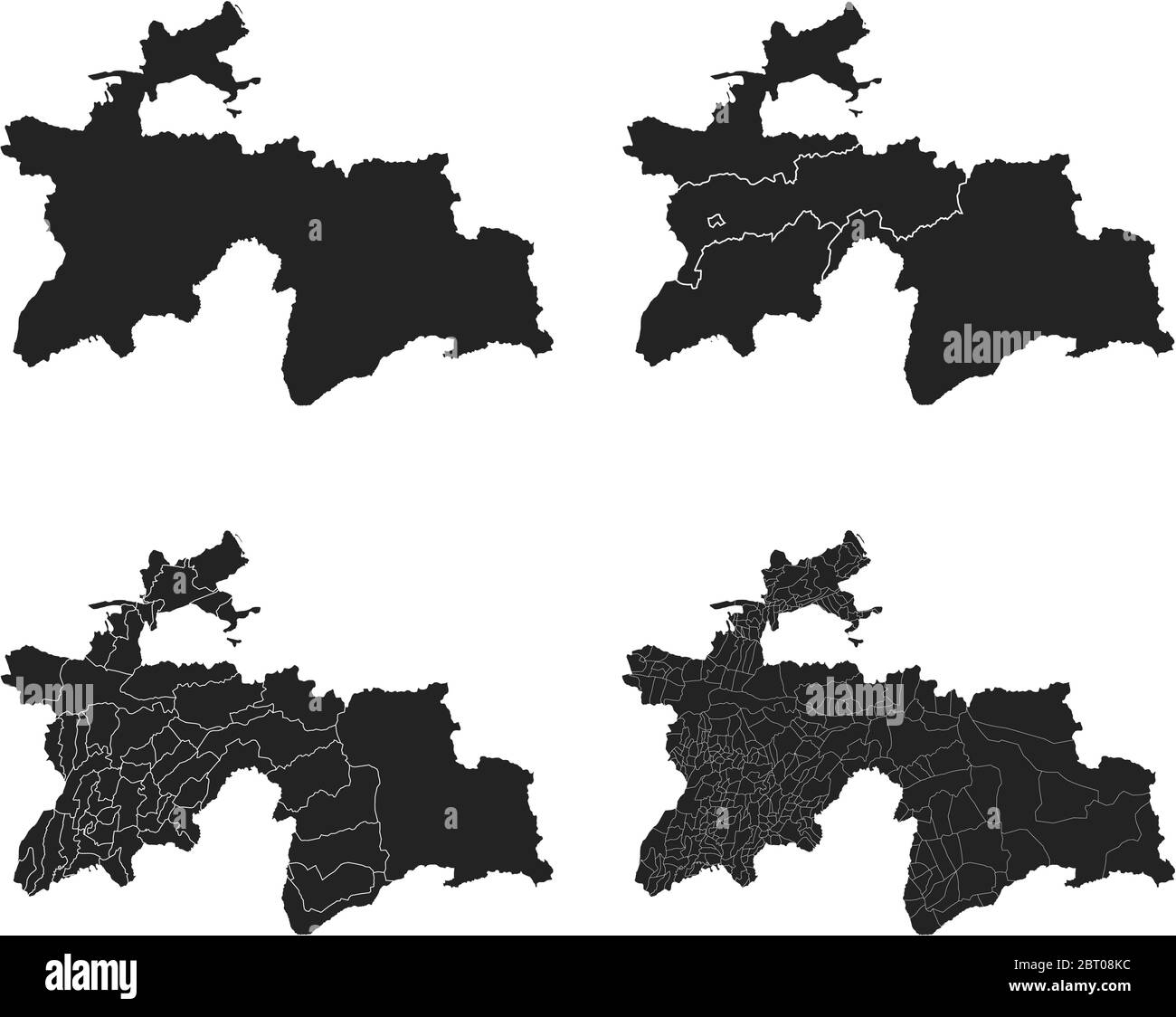 Mappe vettoriali del Tagikistan con regioni amministrative, comuni, dipartimenti, frontiere Illustrazione Vettoriale