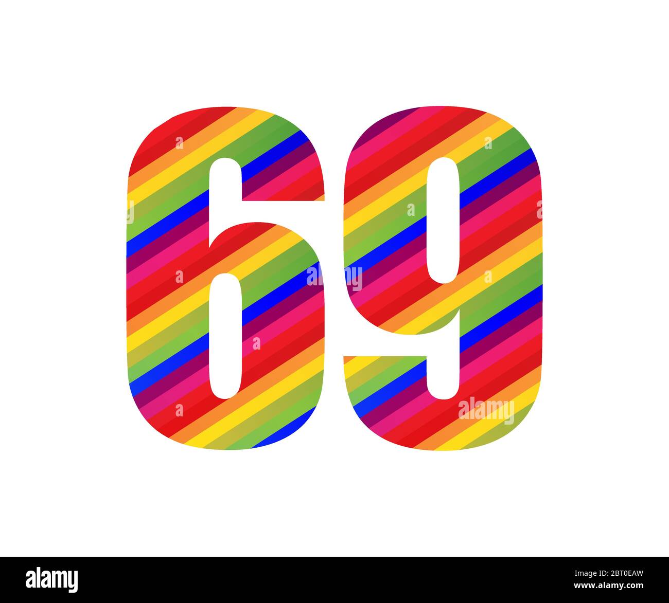 69 numero carattere numerico stile arcobaleno. Illustrazione vettoriale colorata di sessantanove numeri disegno isolato su sfondo bianco. Illustrazione Vettoriale