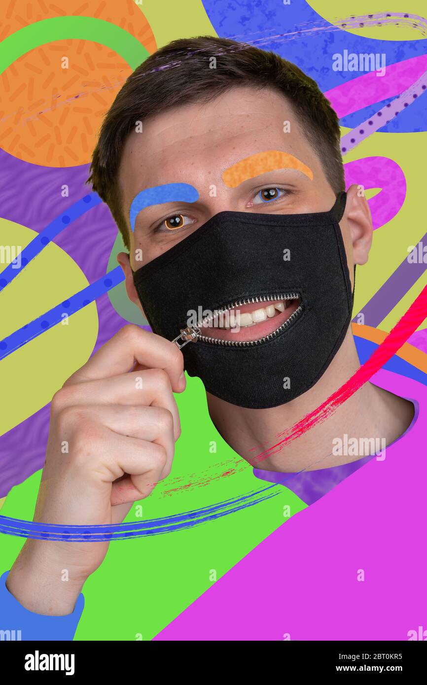 Ritratto di un giovane uomo dall'aspetto sgargiante, aspetto e design colorato e luminoso. Stile retrò e rivista, visione moderna della bellezza e della moda maschile, opere d'arte. CopySpace. Nuova maschera facciale. Foto Stock Ritratto di un giovane uomo dall'aspetto sgargiante, aspetto e design colorato e luminoso. Stile retrò e rivista, visione moderna della bellezza e della moda maschile, opere d'arte. CopySpace. Nuova maschera facciale. Foto Stock