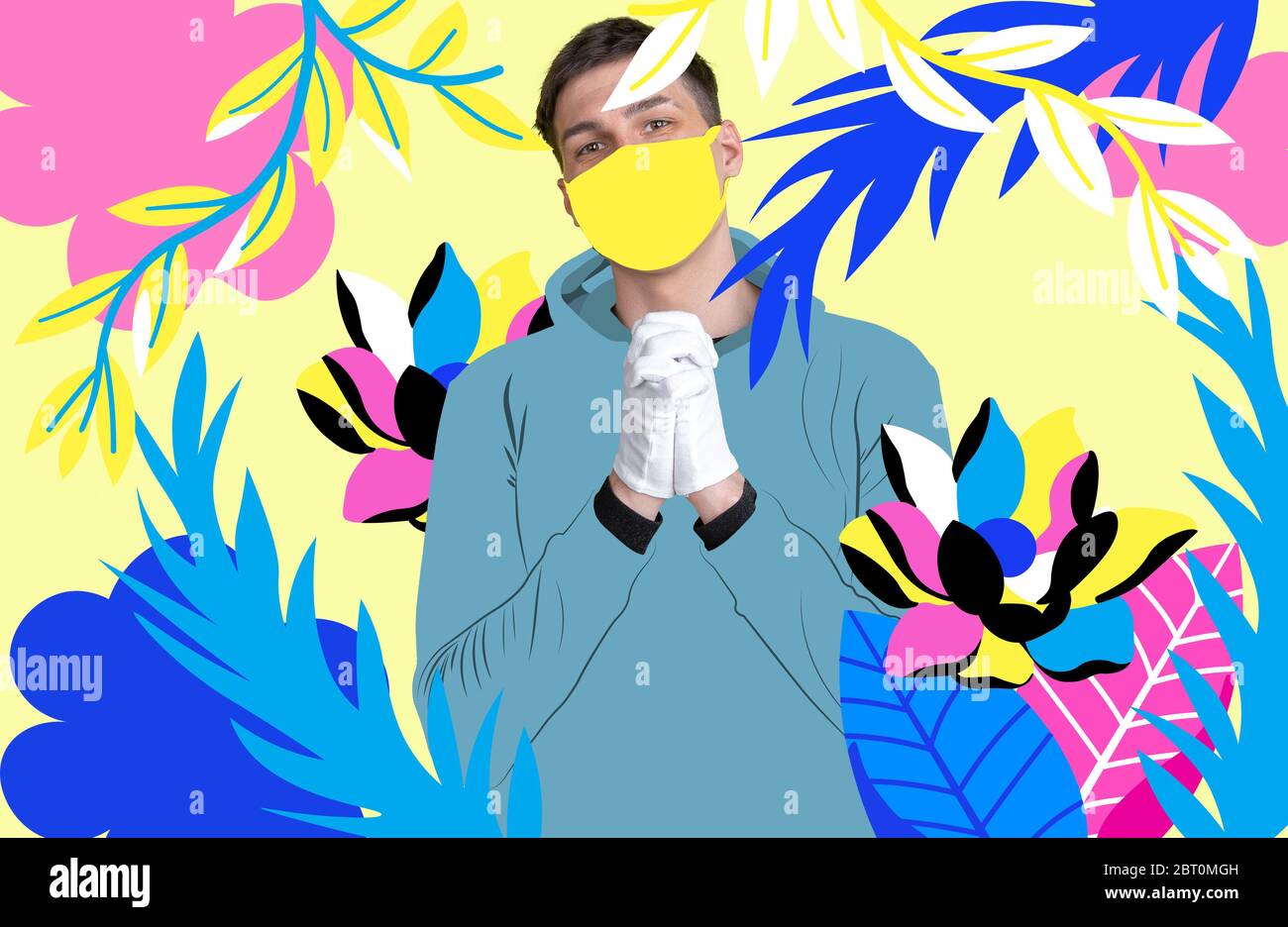 Ritratto di un giovane uomo dall'aspetto sgargiante, aspetto e design colorato e luminoso. Stile retrò e rivista, visione moderna della bellezza e della moda maschile, opere d'arte. CopySpace. Maschera e guanti. Foto Stock Ritratto di un giovane uomo dall'aspetto sgargiante, aspetto e design colorato e luminoso. Stile retrò e rivista, visione moderna della bellezza e della moda maschile, opere d'arte. CopySpace. Maschera e guanti. Foto Stock
