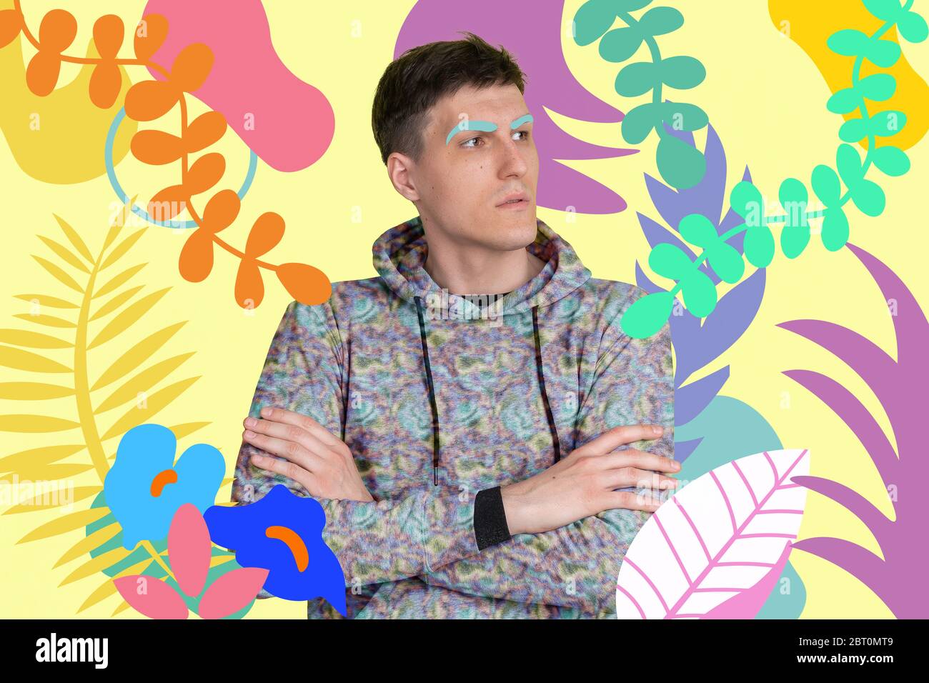 Ritratto di un giovane uomo dall'aspetto sgargiante, aspetto e design colorato e luminoso. Stile retrò e rivista, visione moderna della bellezza e della moda maschile, opere d'arte. CopySpace. Serio, mani incrociate. Foto Stock Ritratto di un giovane uomo dall'aspetto sgargiante, aspetto e design colorato e luminoso. Stile retrò e rivista, visione moderna della bellezza e della moda maschile, opere d'arte. CopySpace. Serio, mani incrociate. Foto Stock