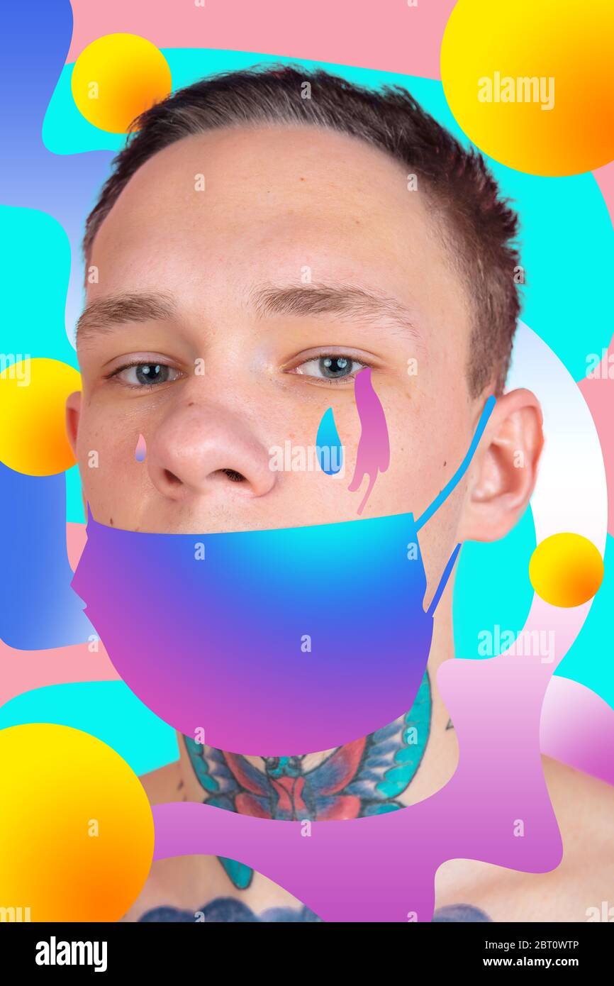 Ritratto di un giovane uomo dall'aspetto sgargiante, aspetto e design colorato e luminoso. Stile retrò e rivista, visione moderna della bellezza e della moda maschile, opere d'arte. CopySpace. Maschera di gradiente. Foto Stock Ritratto di un giovane uomo dall'aspetto sgargiante, aspetto e design colorato e luminoso. Stile retrò e rivista, visione moderna della bellezza e della moda maschile, opere d'arte. CopySpace. Maschera di gradiente. Foto Stock