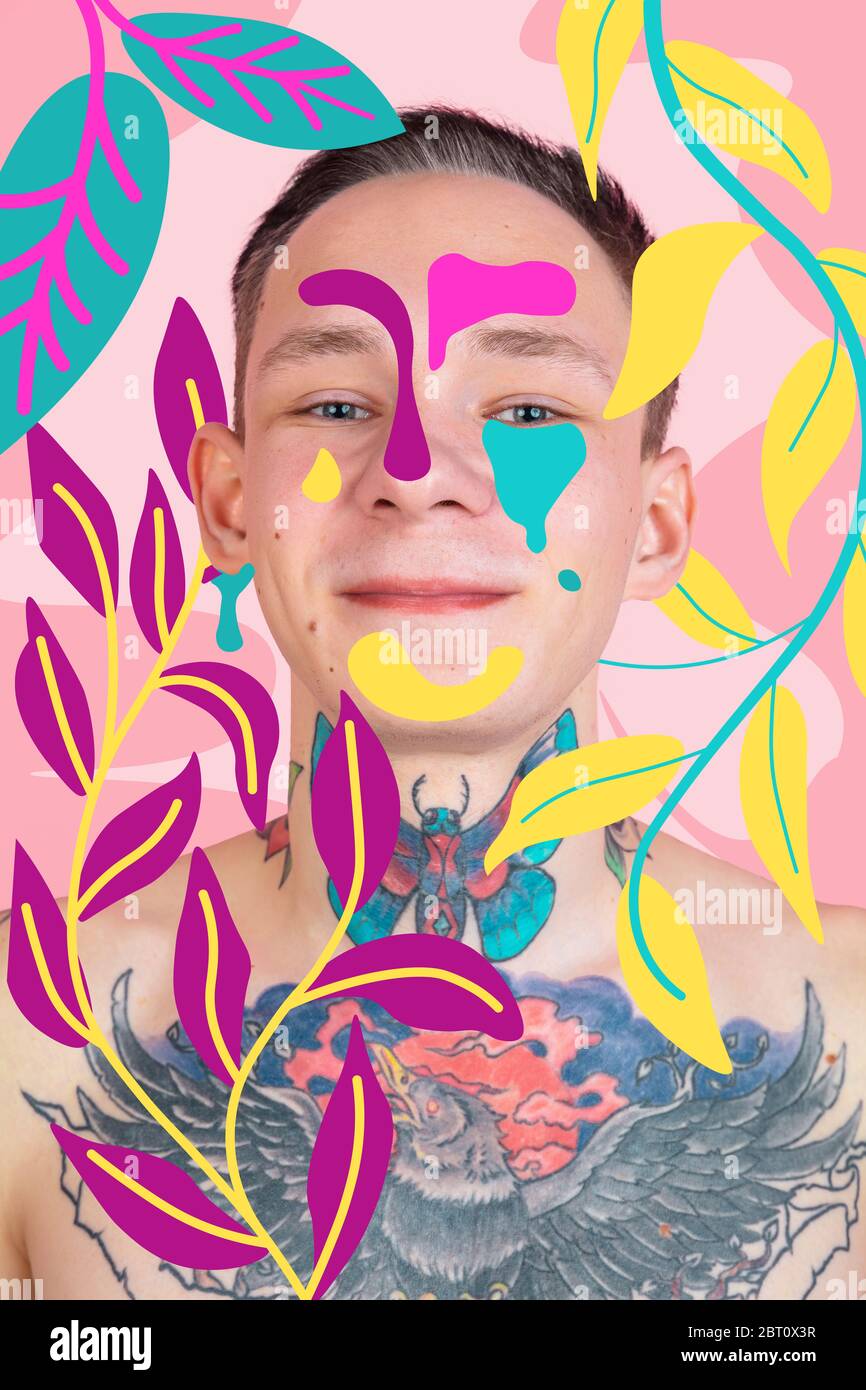 Ritratto di un giovane uomo dall'aspetto sgargiante, aspetto e design colorato e luminoso. Stile retrò e rivista, visione moderna della bellezza e della moda maschile, opere d'arte. CopySpace. Giardino estivo. Foto Stock Ritratto di un giovane uomo dall'aspetto sgargiante, aspetto e design colorato e luminoso. Stile retrò e rivista, visione moderna della bellezza e della moda maschile, opere d'arte. CopySpace. Giardino estivo. Foto Stock