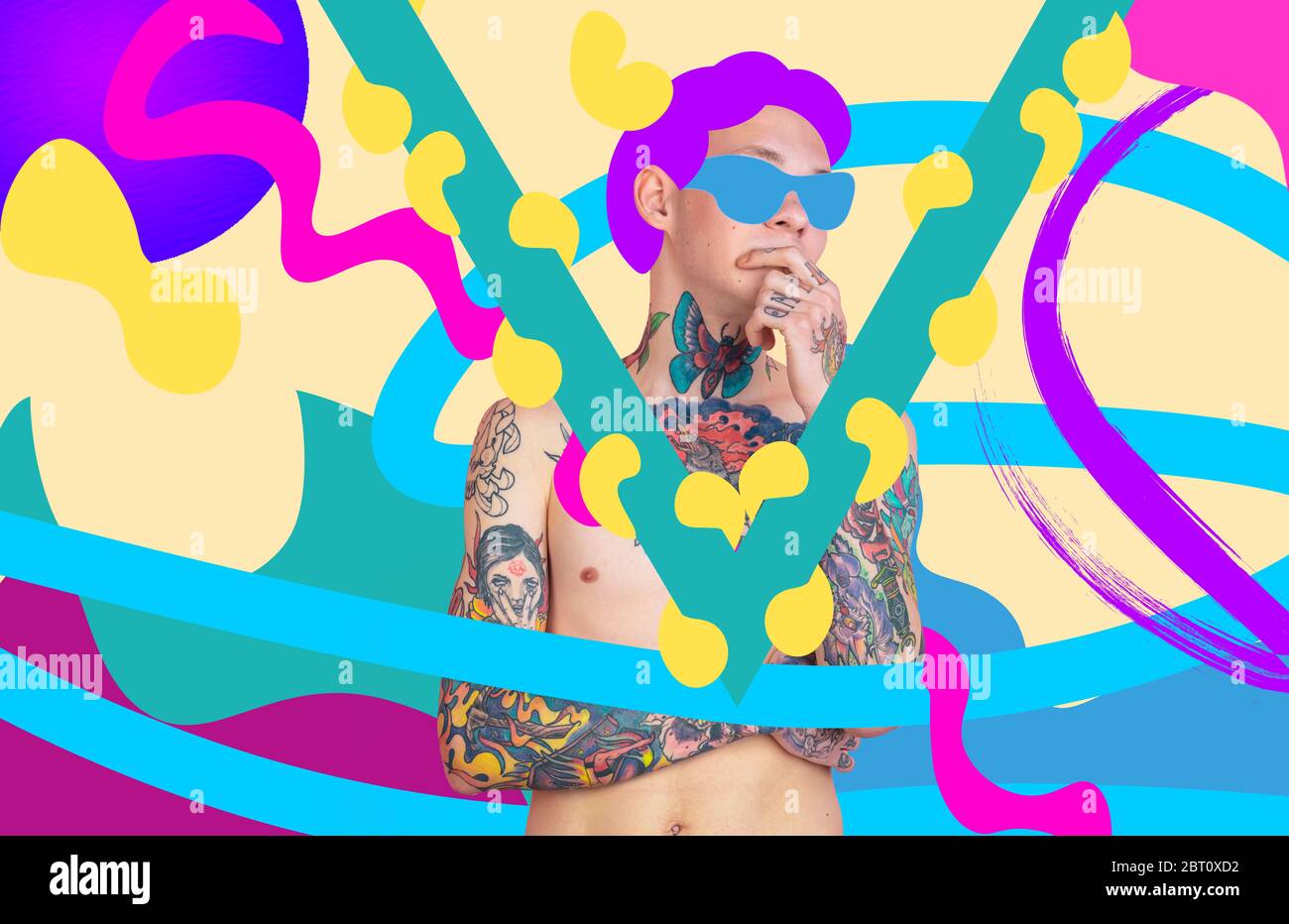 Ritratto di un giovane uomo dall'aspetto sgargiante, aspetto e design colorato e luminoso. Stile retrò e rivista, visione moderna della bellezza e della moda maschile, opere d'arte. CopySpace. Premuroso. Foto Stock Ritratto di un giovane uomo dall'aspetto sgargiante, aspetto e design colorato e luminoso. Stile retrò e rivista, visione moderna della bellezza e della moda maschile, opere d'arte. CopySpace. Premuroso. Foto Stock