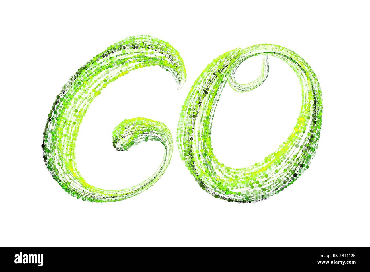 La parola scritta VA fatta da freschi bio-cerchi verdi di particelle di confetti isolate su sfondo bianco. È il momento di iniziare qualcosa di nuovo, fresco e. Foto Stock