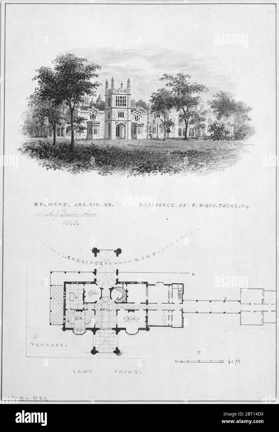 Belmead, James River, Virginia, residenza di Philip St. George Cocke (vignetta di elevazione e piano sul fiume), 1845. Foto Stock