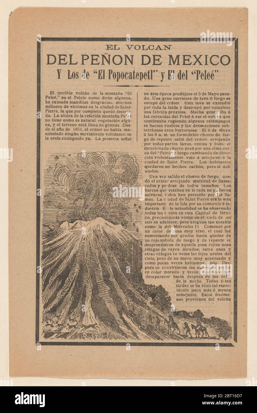 Ampio rapporto relativo ad una storia di notizie sulla distruzione a seguito di un'eruzione vulcanica, vulcano che eruttava mentre animali e uomini a cavallo fuggono, ca. 1900-1913. Foto Stock