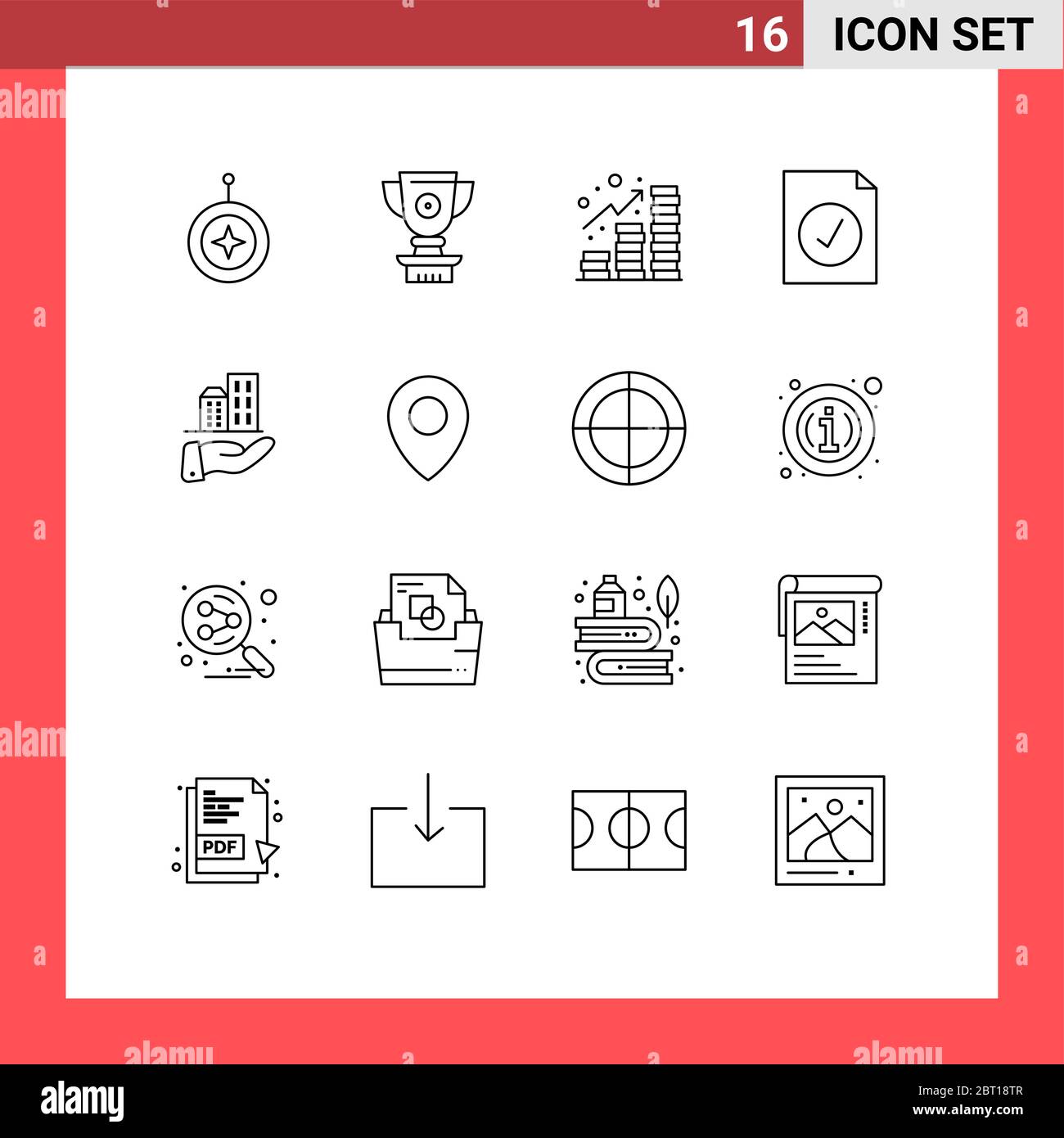 Pacchetto icone vettore di stock di 16 simboli e segni di linea per architettura, documento, realizzazione, completo, elementi di progettazione vettoriale editabili per ricavi Illustrazione Vettoriale