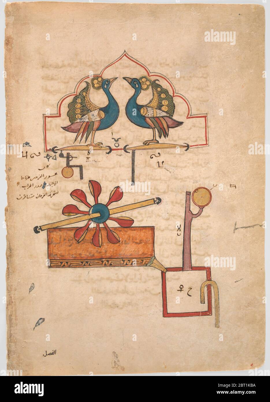 Disegno per l'orologio dell'acqua dei pavoni, dal Kitab fi ma'rifat al-hiyal-handasiyya (Libro della conoscenza dei dispositivi meccanici ingegnosi) di Badi' al-Zaman b. al Razzaz al-Jazari, datato A.H. 715/A.D. 1315. Foto Stock