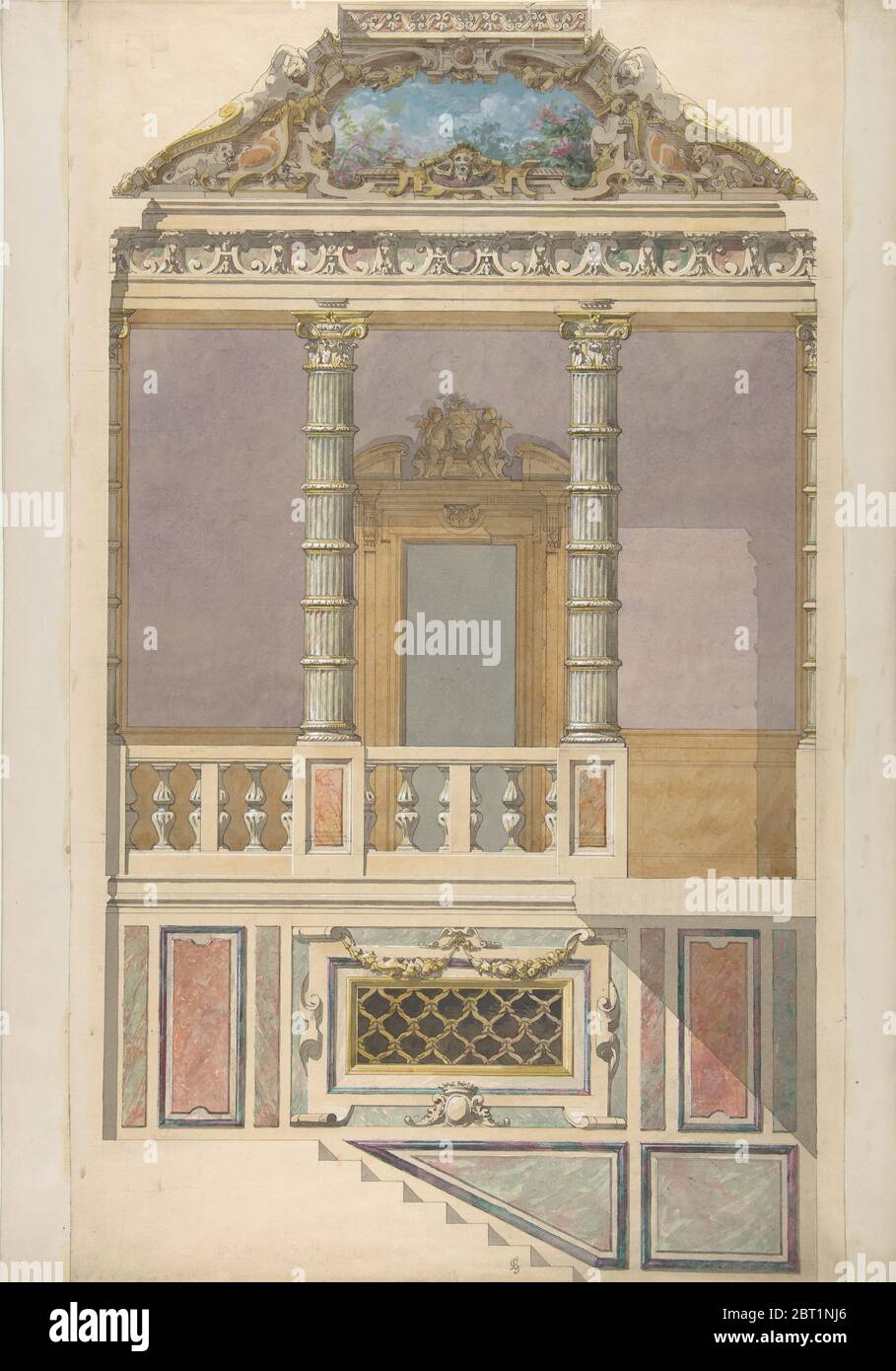 Elevazione di un interno italiano, con scalini e loggia superiore decorata in colonne composite, 1830-97. Foto Stock