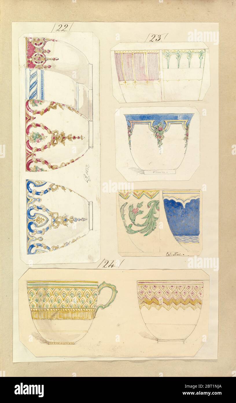 Undici disegni per tazze decorate, tra cui Venezia e modelli celesti, ca. 1852. Foto Stock