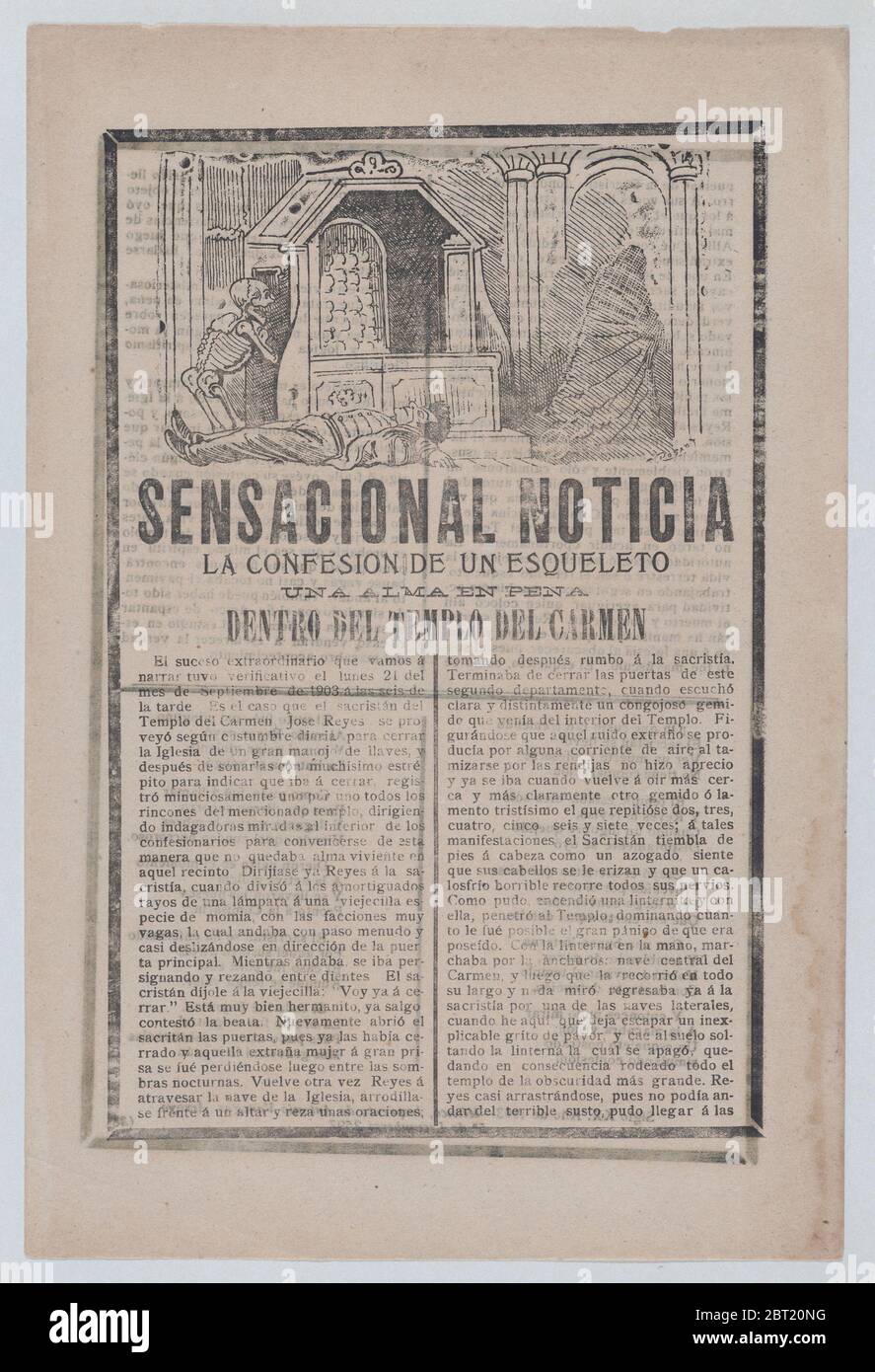 Notizie sull'avvistamento di uno scheletro all'interno di una chiesa, un uomo giace sul pavimento e una figura chiusa esce a destra, 1903. Foto Stock