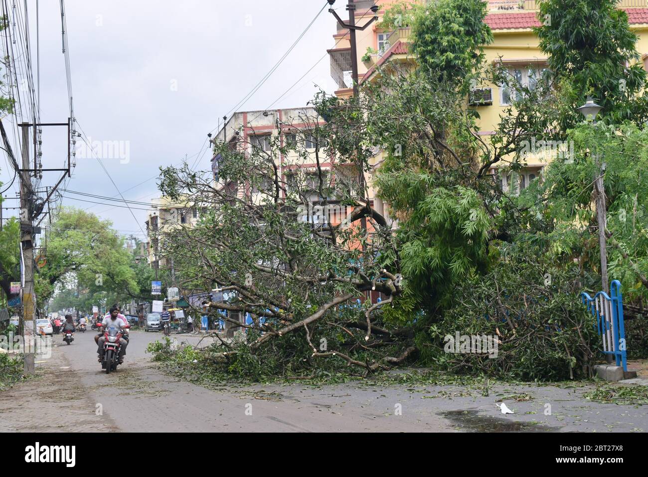 La città indiana orientale di Kolkata è stata devastata da un potente ciclone che ha ucciso almeno 84 persone in India e Bangladesh. Amphan ha fatto la caduta di terra il mercoledì, fermentando le zone costiere con vento feroce e pioggia. La tempesta si sta indebolendo mentre si sposta a nord in Bhutan.migliaia di alberi sono stati sradicati nelle galee, l'elettricità e le linee telefoniche abbattute e le case appiattite.molte delle strade di Kolkata sono allagate e i suoi 14 milioni di persone senza internet, energia e telecomunicazioni. (Foto di Sudipta Das/Pacific Press/Sipa USA) Foto Stock