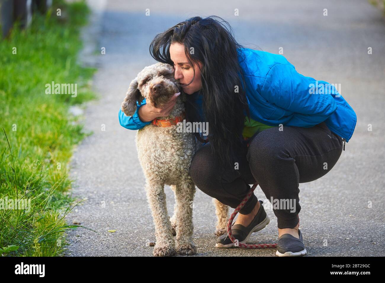 Donna abbracciando cane (Lagotto romagnolo) Foto Stock