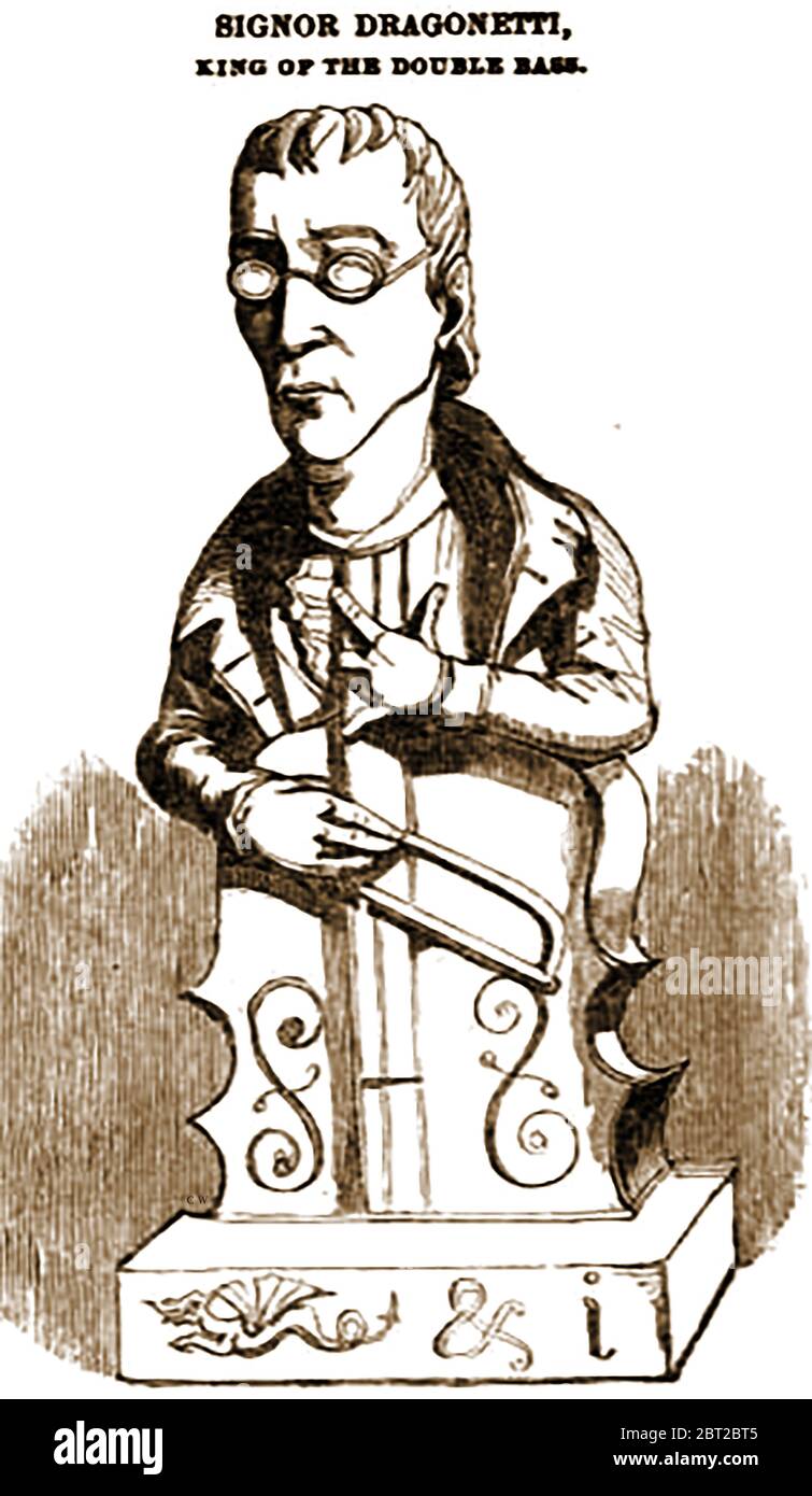 Un ritratto di 1842 caricature di Domenico Dragonetti, in stile 'Re della doppia base'. Domenico Carlo Maria Dragonetti (1763 – 1846) è stato un virtuoso e compositore italiano di contrabbasso, noto per il suo contrabbasso a 3 corde. Ha suonato per 30 anni nella sua città natale di Venezia all'Opera Buffa, alla Cappella di San Marco e alla Grand Opera di Vicenza. Si trasferì infine a Londra per suonare nell'orchestra del Teatro del Re. Divenne amico di un certo numero di persone importanti, tra cui Joseph Haydn e Ludwig van Beethoven. È ricordato per l'arco Dragonetti che ha inventato. Foto Stock