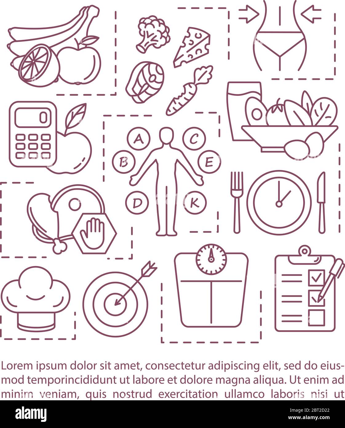 Icona del concetto di nutrizione dietetica con testo. Alimentazione sana, cibo permesso e vietato. Modello vettore di pagina PPT. Brochure, riviste, opuscoli Illustrazione Vettoriale