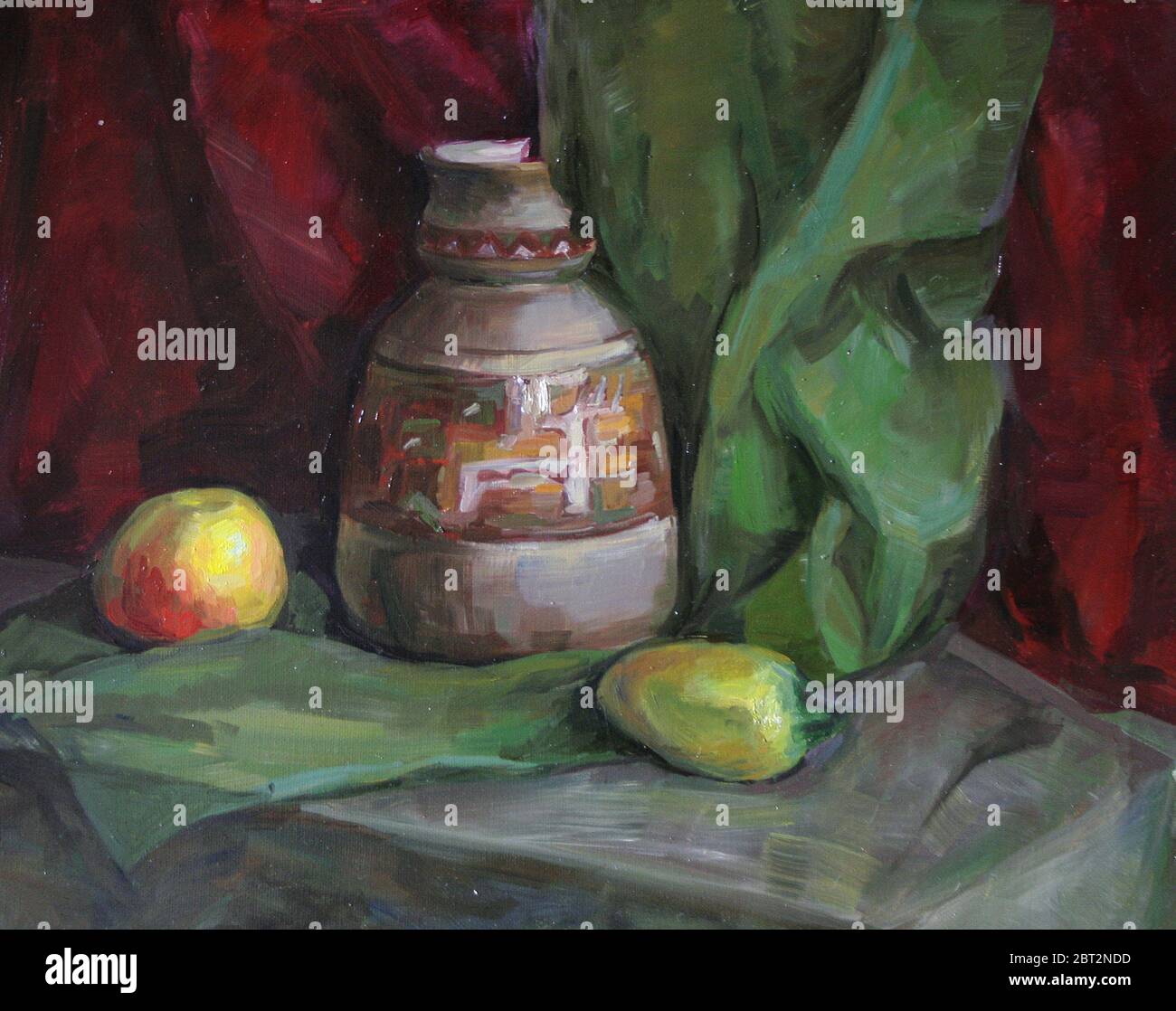 Strana vita morta con un pepe e una mela, olio pittura Foto Stock