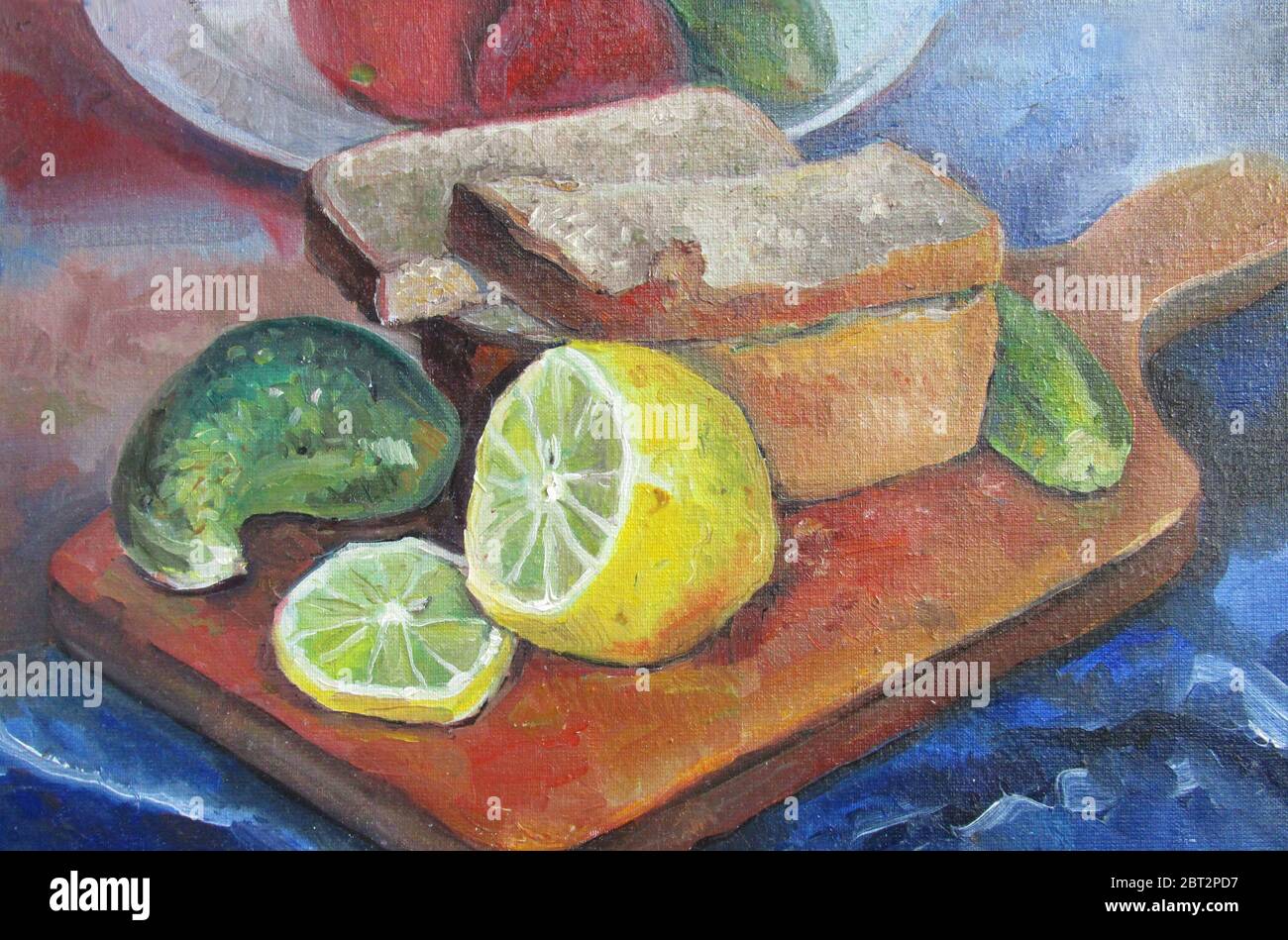 Pane e limone sulla tavola, olio pittura Foto Stock