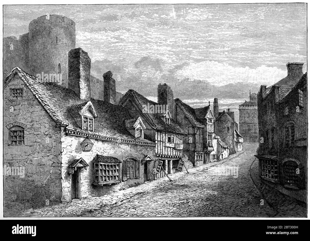 Castle Gate (Castle Gates), Shrewsbury, Inghilterra, c1900. Il castello di Shrewsbury è un castello di arenaria rossa situato a Shrewsbury, nello Shropshire, in Inghilterra. Sorge su una collina nel collo del meandro del fiume Severn. Un castello fu ordinato sul sito da William i (c1028-1087) c1067 e fu esteso notevolmente sotto Roger de Montgomery (d1094) c1070 come base per le operazioni in Galles. Foto Stock