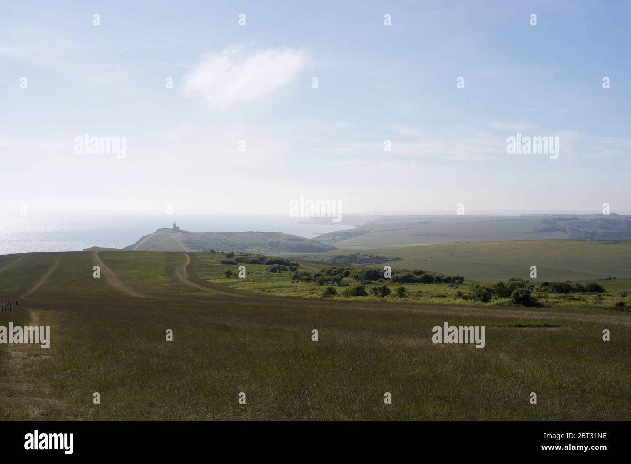 Beachy Head paesaggio che mostra le scogliere e l'oceano in la distanza Foto Stock