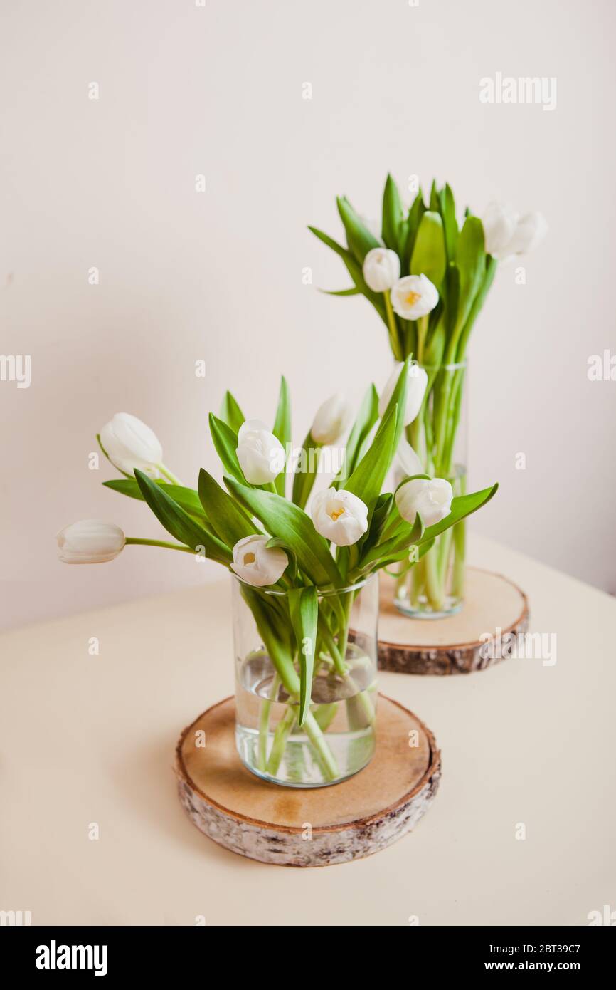 Tulipani bianchi freschi in vasi di vetro Foto Stock
