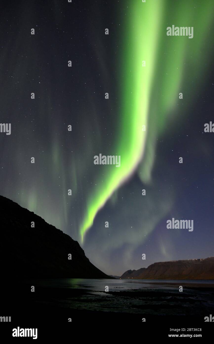 Aurora boreale, Arnarfjordur, Islanda Foto Stock