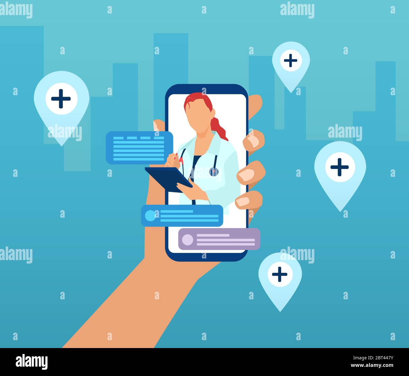 Vettore di una mano che tiene uno smartphone con un medico su uno schermo e icone chat. Consulenza medica online e consulenza di servizio concetto Illustrazione Vettoriale