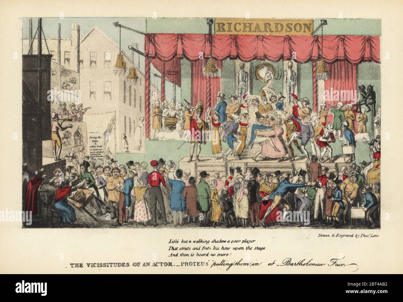 Attori della reggenza che si esibiscono sul palco di Richardson alla Bartholomew Fair, Smithfield, Londra. Sul palco sono romani, attori tragici, ballerini, musicisti, clown e figure mascherate. Folle di spettatori si macina intorno. Le vicissitudini di un attore. Proteus li tira in una fiera di Bartolomeo. Incisione a mano di Theodore Lane di Pierce Egans TheLife di un attore, Pickering e Chatto, Londra, 1892. Foto Stock