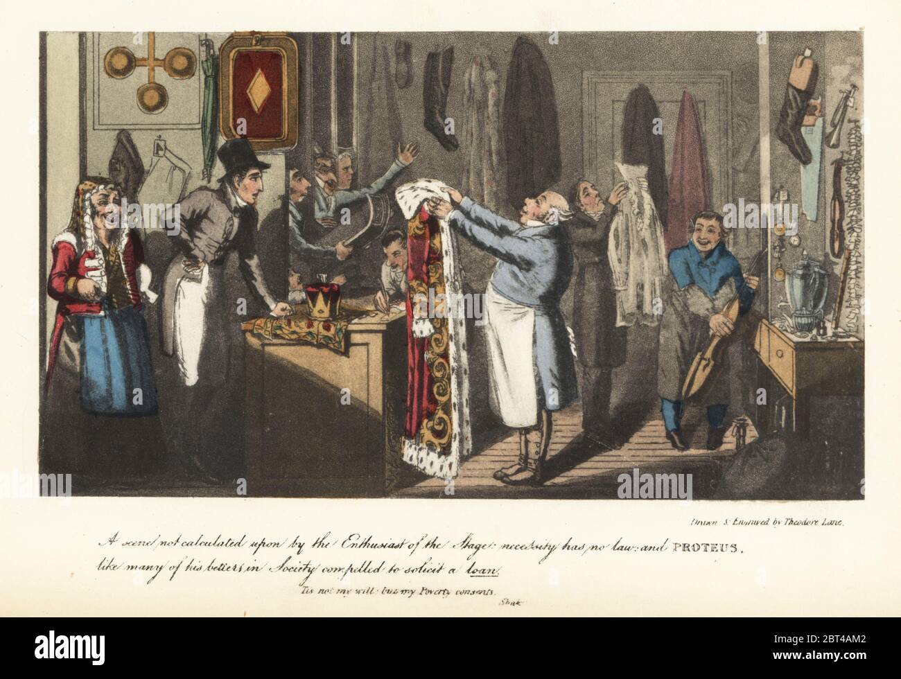 Regency Signore pewning costumi a un pawnbroker. Il proprietario che esamina un capo, una camicia e un violoncello. Una scena non calcolata dall'enthusiast della fase: La necessità non ha legge e Proteus come molti dei suoi migliori in società costretto a sollecitare un prestito. Incisione a mano incisa da Theodore Lane da Pierce Egans The Life of an Actor, Pickering and Chatto, Londra, 1892. Foto Stock
