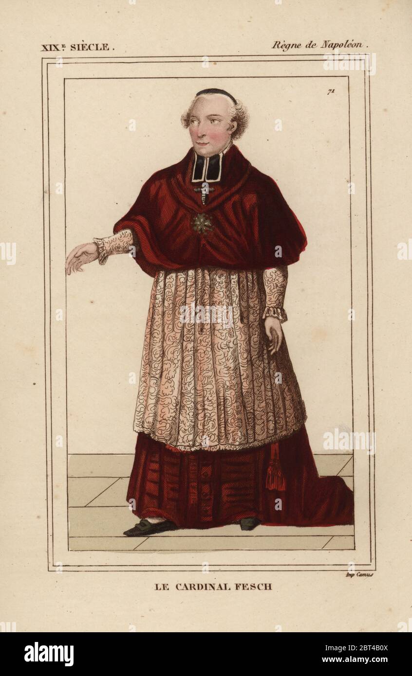 Il Cardinale Joseph Fesch, principe di Francia, diplomatico e zio di Napoleone 1763-1839. Litografia Handcolored da Le Bibliophile Jacob aka Paul Lacroix i costumi Historiques de la France (costumi storici della Francia), Amministrazione de Librairie, Parigi, 1852. Foto Stock