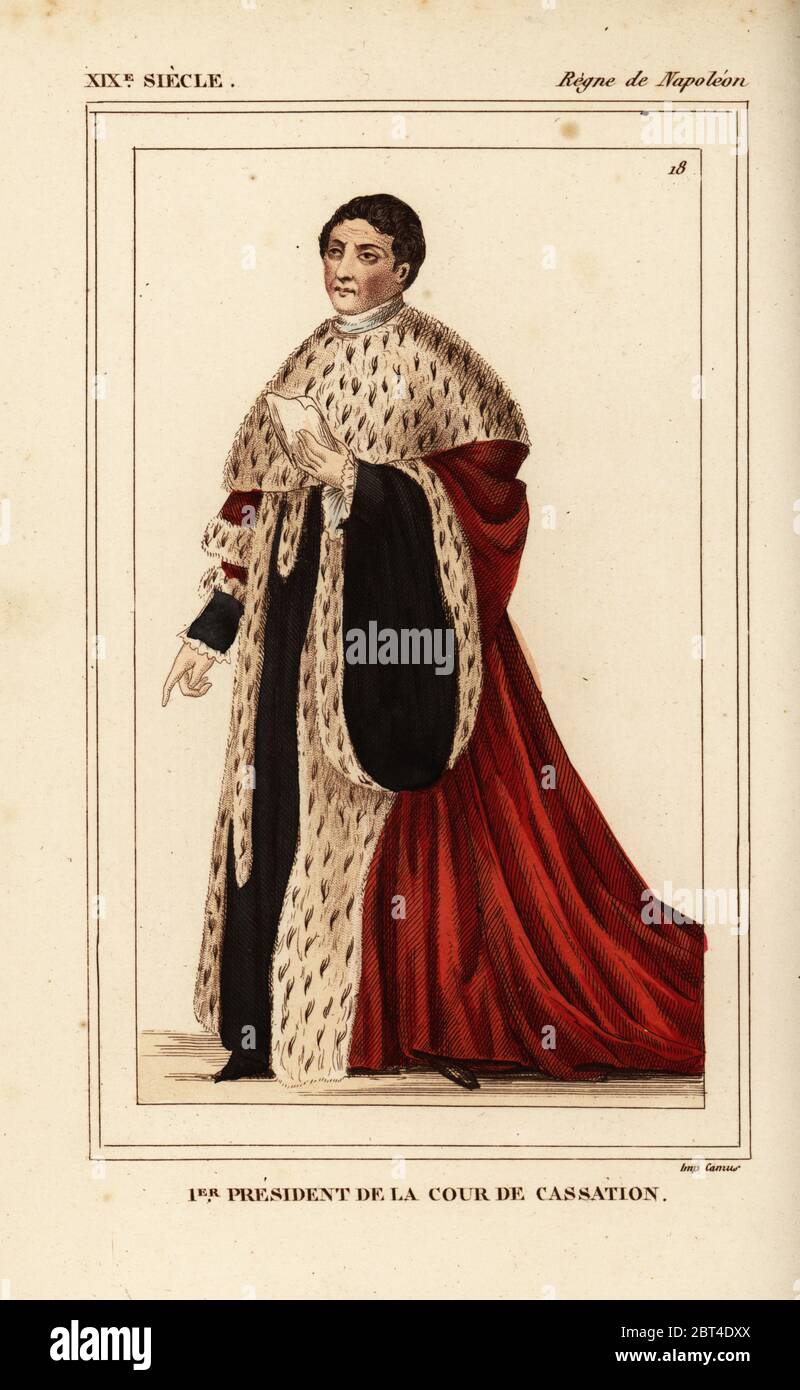 Primo presidente della Corte di cassazione, epoca napoleonica. Litografia Handcolored da Leopoldo Massard da Le Bibliophile Jacob aka Paul Lacroix i costumi Historiques de la France (costumi storici della Francia), Amministrazione de Librairie, Parigi, 1852. Foto Stock