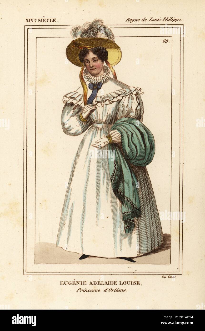 Eugenie Adelaide Louise, Princesse d'Orleans 1777-1847. Litografia Handcolored da Le Bibliophile Jacob aka Paul Lacroix i costumi Historiques de la France (costumi storici della Francia), Amministrazione de Librairie, Parigi, 1852. Foto Stock