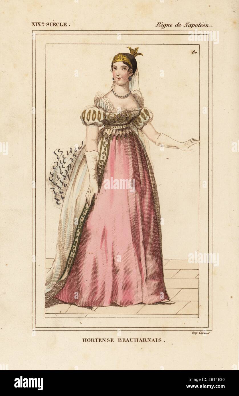 Hortense Beauharnais, regina consorte di Olanda, figlia di Giuseppina 1783-1837. Litografia Handcolored da Le Bibliophile Jacob aka Paul Lacroix i costumi Historiques de la France (costumi storici della Francia), Amministrazione de Librairie, Parigi, 1852. Foto Stock