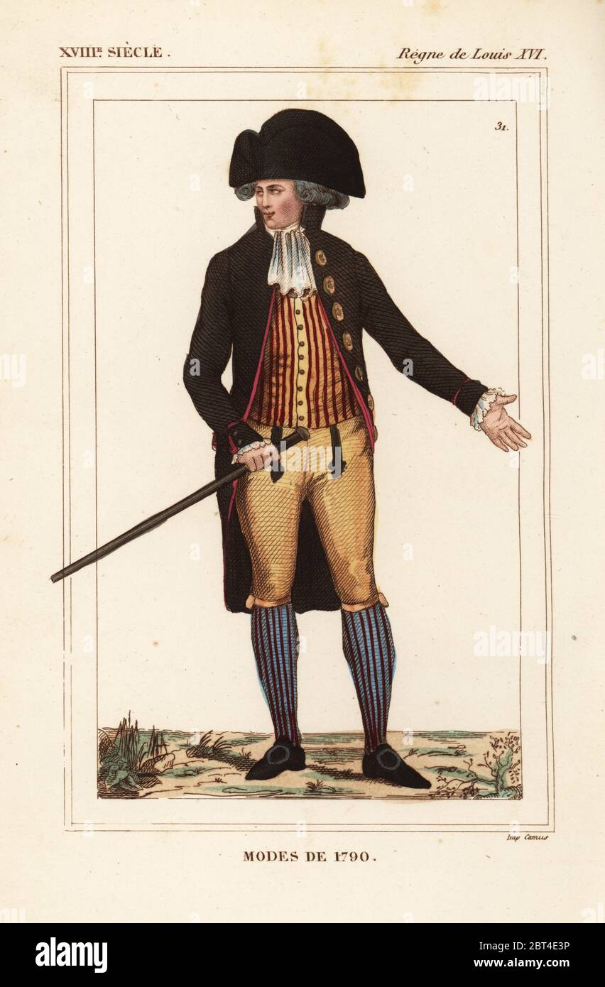 Il francese uomini mode del 1790. Litografia Handcolored da Le Bibliophile Jacob aka Paul Lacroix i costumi Historiques de la France (costumi storici della Francia), Amministrazione de Librairie, Parigi, 1852. Foto Stock