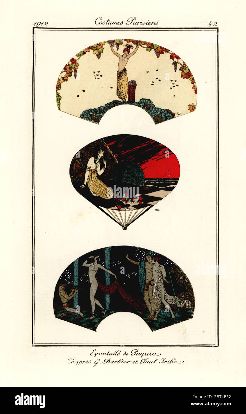 Fan di Jeanne Paquin su disegni di George Barbier e Paul Iribe. Eventails de Paquin. Incisione di un pochoir colorato a mano (stencil) da Tommaso Antonginis Journal des Dames et des Modes, Aux Bureaux du Journal des Dames, Parigi, 1912. Foto Stock
