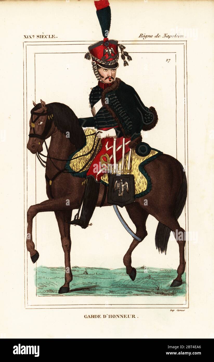 Uniforme di una Guardia d'onore o Garde d'Honneur, epoca napoleonica. Litografia Handcolored da Leopoldo Massard da Le Bibliophile Jacob aka Paul Lacroix i costumi Historiques de la France (costumi storici della Francia), Amministrazione de Librairie, Parigi, 1852. Foto Stock