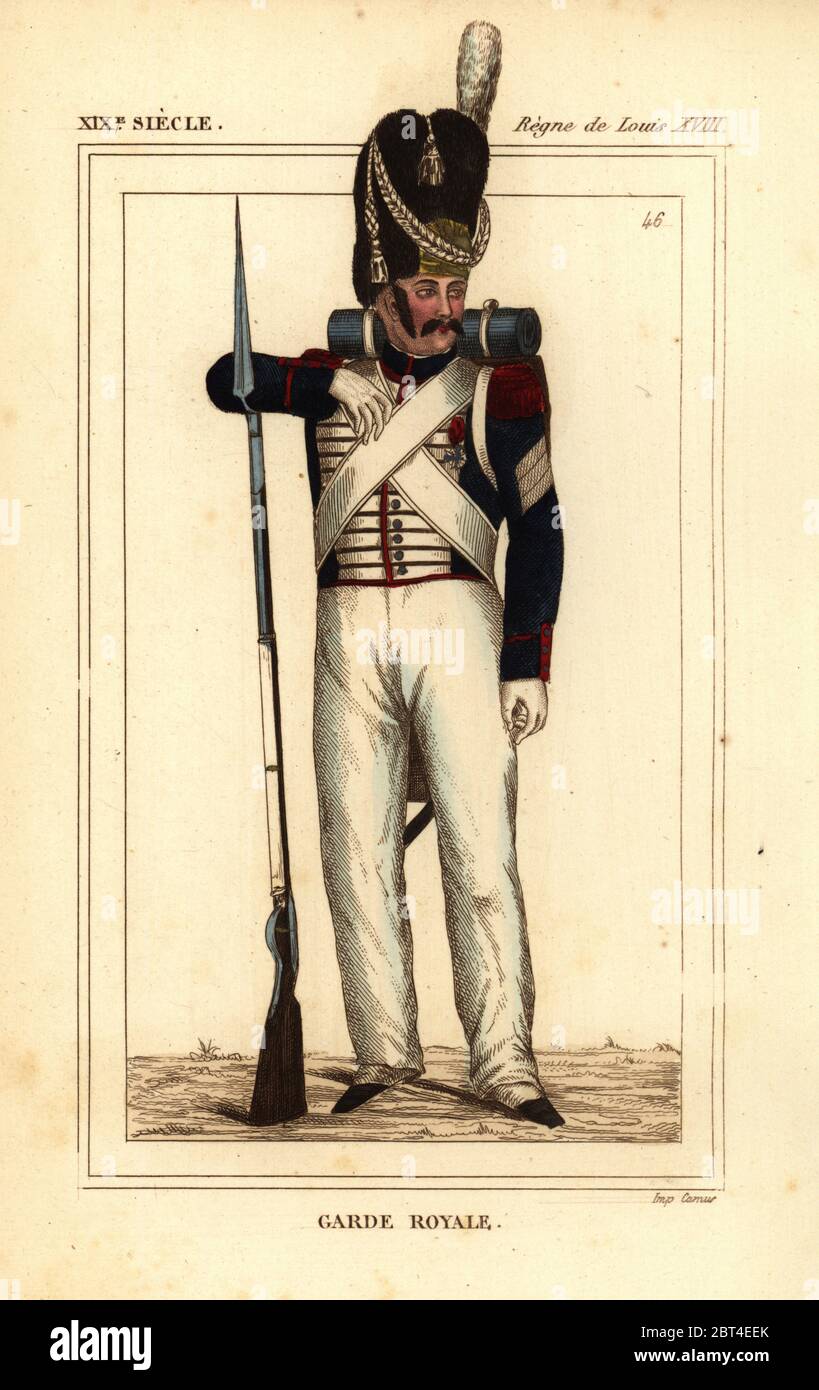 Uniforme della guardia reale, regno di Re Luigi XVIII. Litografia Handcolored da Le Bibliophile Jacob aka Paul Lacroix i costumi Historiques de la France (costumi storici della Francia), Amministrazione de Librairie, Parigi, 1852. Foto Stock