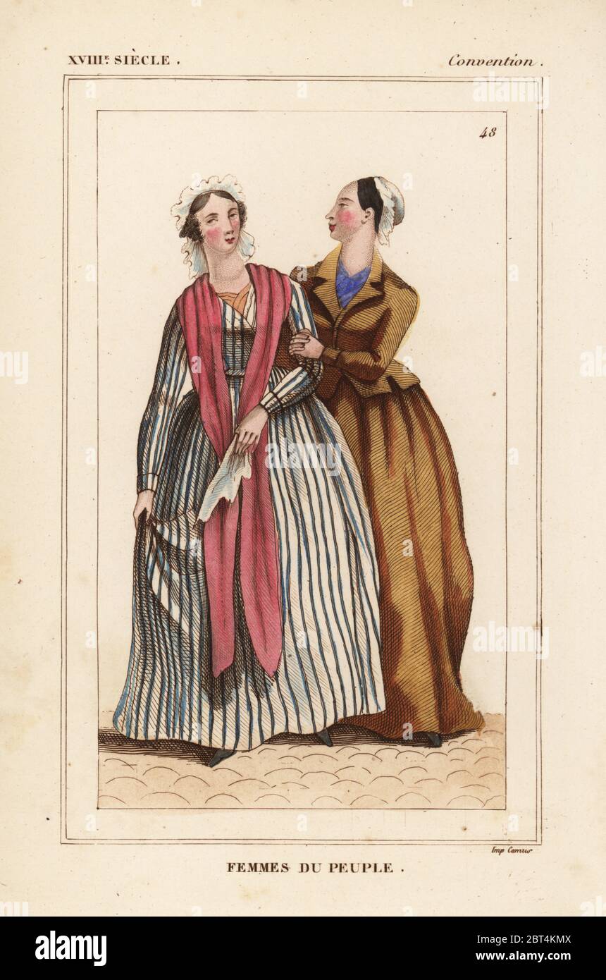 Femmes du peuple, le donne del popolo francese Convenzione Nazionale era. Litografia Handcolored da Le Bibliophile Jacob aka Paul Lacroix i costumi Historiques de la France (costumi storici della Francia), Amministrazione de Librairie, Parigi, 1852. Foto Stock